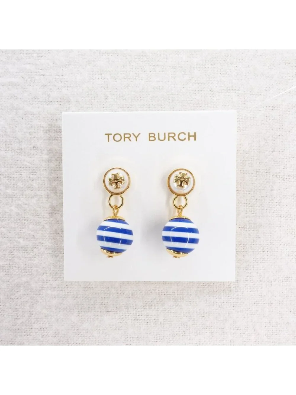 Tory Burch Saher Logo Drop Earrings Blue and White OS